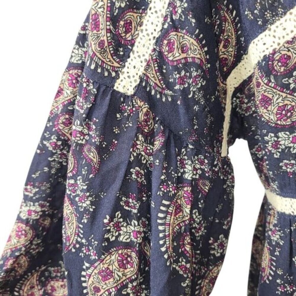 POL NEW Small Maxi Dress Cotton Blue Red Paisley Crochet Trim Vintage BOHO Style - Picture 13 of 16